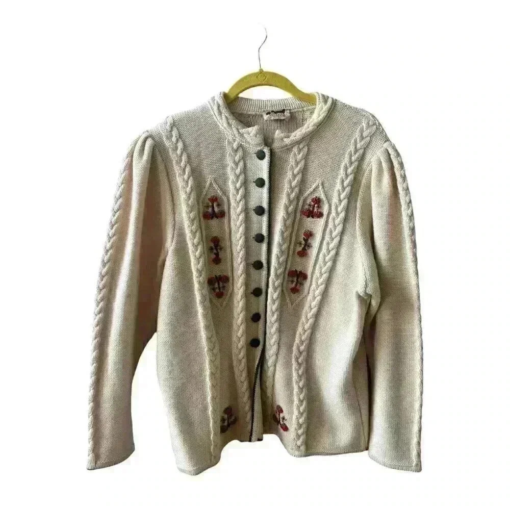 Vintage Astrifa Gestrickte Trach Holiday Cream Ivory Wool Cardigan Size 44 M/L - Picture 2 of 12